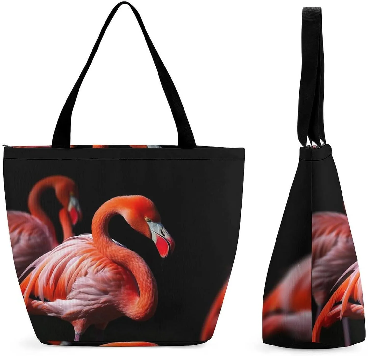 Tote Bags for Women Flamingos in Black Background Versatile Shoulder Bag with Zipper Large Capacity Handbag Beach Bag Reusable Grocery Bag for Shopping Travel Commuting