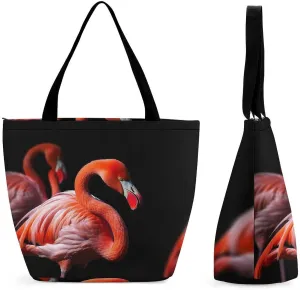 Tote Bags for Women Flamingos in Black Background Versatile Shoulder Bag with Zipper Large Capacity Handbag Beach Bag Reusable Grocery Bag for Shopping Travel Commuting