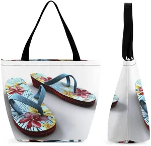 Tote Bags for Women Flip Flops Versatile Shoulder Bag with Zipper Large Capacity Handbag Beach Bag Reusable Grocery Bag for Shopping Travel Commuting
