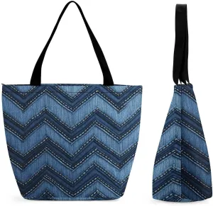 Tote Bags for Women Gradient Blue Denim Versatile Shoulder Bag with Zipper Large Capacity Handbag Beach Bag Reusable Grocery Bag for Shopping Travel Commuting
