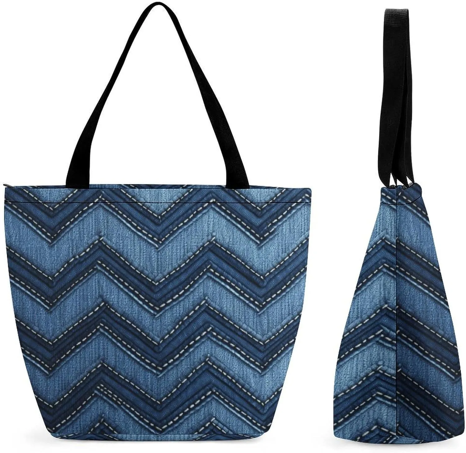 Tote Bags for Women Gradient Blue Denim Versatile Shoulder Bag with Zipper Large Capacity Handbag Beach Bag Reusable Grocery Bag for Shopping Travel Commuting