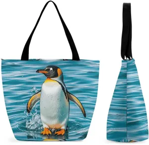 Tote Bags for Women Happy Penguin in The Water Versatile Shoulder Bag with Zipper Large Capacity Handbag Beach Bag Reusable Grocery Bag for Shopping Travel Commuting