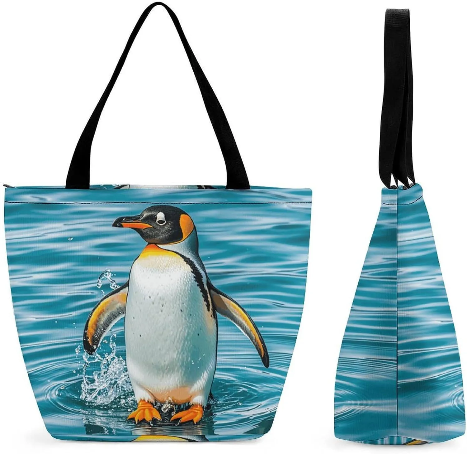 Tote Bags for Women Happy Penguin in The Water Versatile Shoulder Bag with Zipper Large Capacity Handbag Beach Bag Reusable Grocery Bag for Shopping Travel Commuting