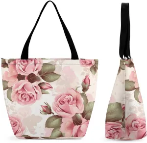 Tote Bags for Women Pink Rose Floral Versatile Shoulder Bag with Zipper Large Capacity Handbag Beach Bag Reusable Grocery Bag for Shopping Travel Commuting