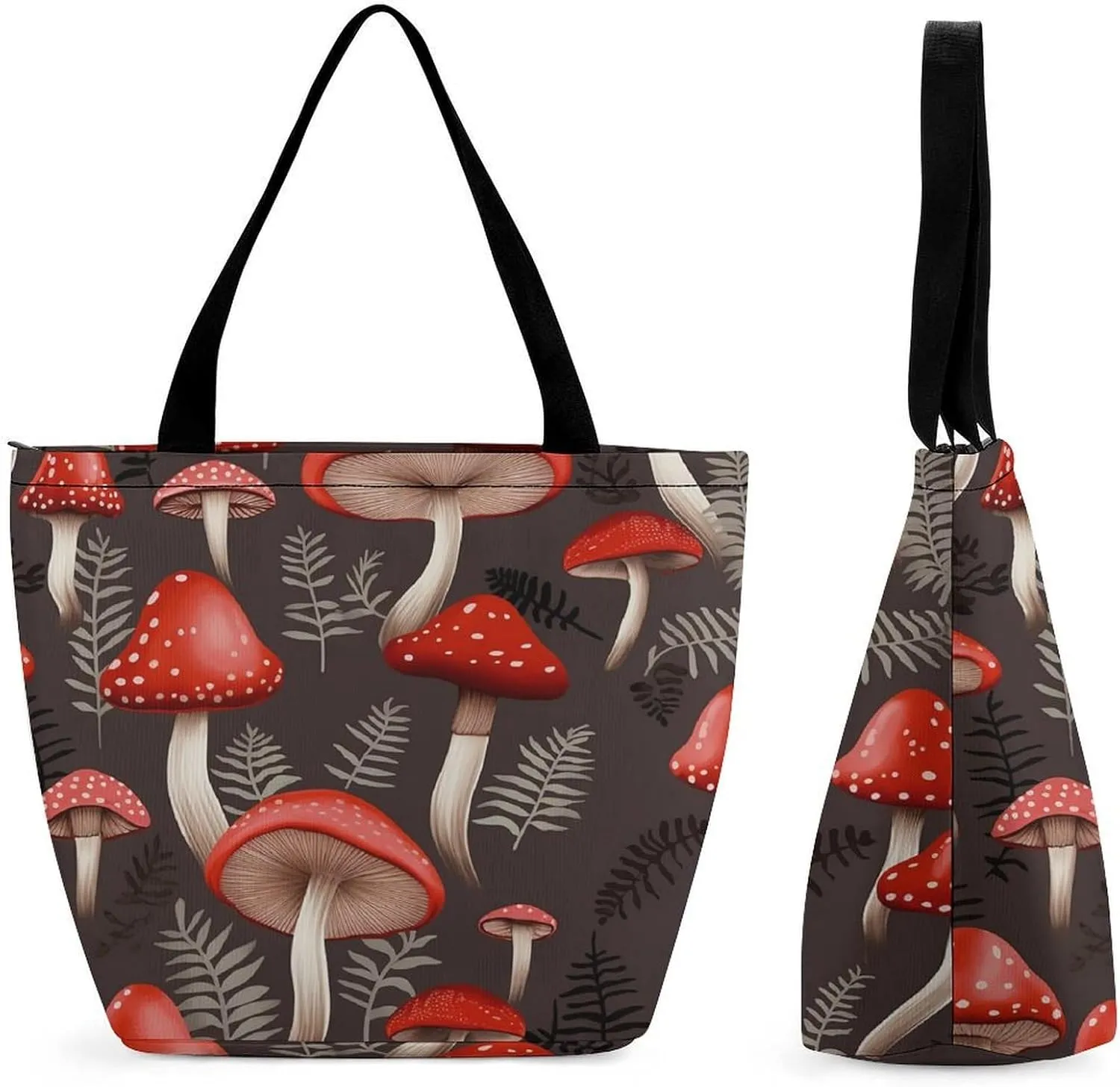 Tote Bags for Women Red Mushrooms Versatile Shoulder Bag with Zipper Large Capacity Handbag Beach Bag Reusable Grocery Bag for Shopping Travel Commuting