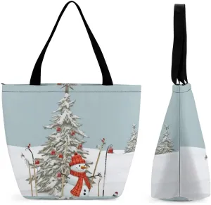 Tote Bags for Women Skiing Christmas Tree Versatile Shoulder Bag with Zipper Large Capacity Handbag Beach Bag Reusable Grocery Bag for Shopping Travel Commuting