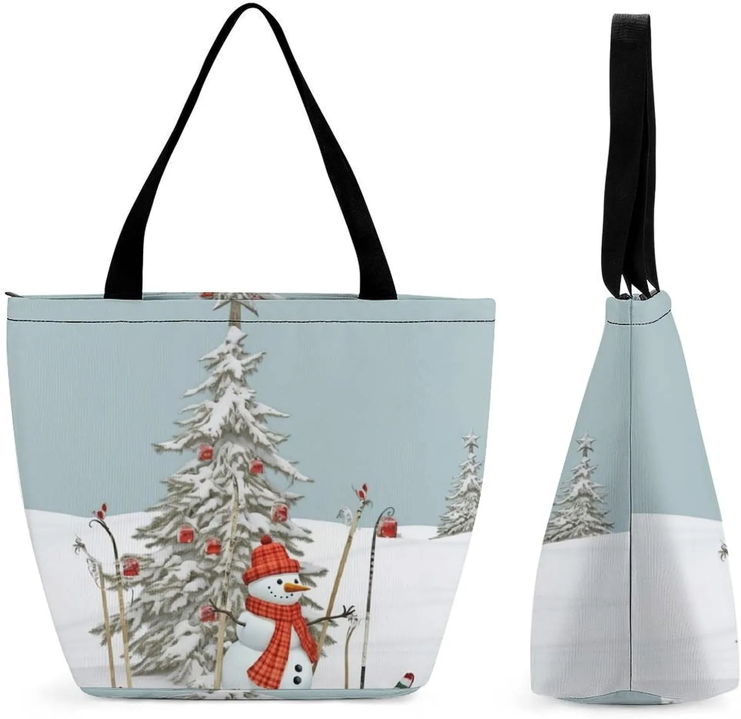 Tote Bags for Women Skiing Christmas Tree Versatile Shoulder Bag with Zipper Large Capacity Handbag Beach Bag Reusable Grocery Bag for Shopping Travel Commuting