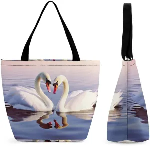 Tote Bags for Women Swan Heart Versatile Shoulder Bag with Zipper Large Capacity Handbag Beach Bag Reusable Grocery Bag for Shopping Travel Commuting