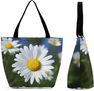 Tote Bags for Women Wild White Daisy Flower Versatile Shoulder Bag with Zipper Large Capacity Handbag Beach Bag Reusable Grocery Bag for Shopping Travel Commuting
