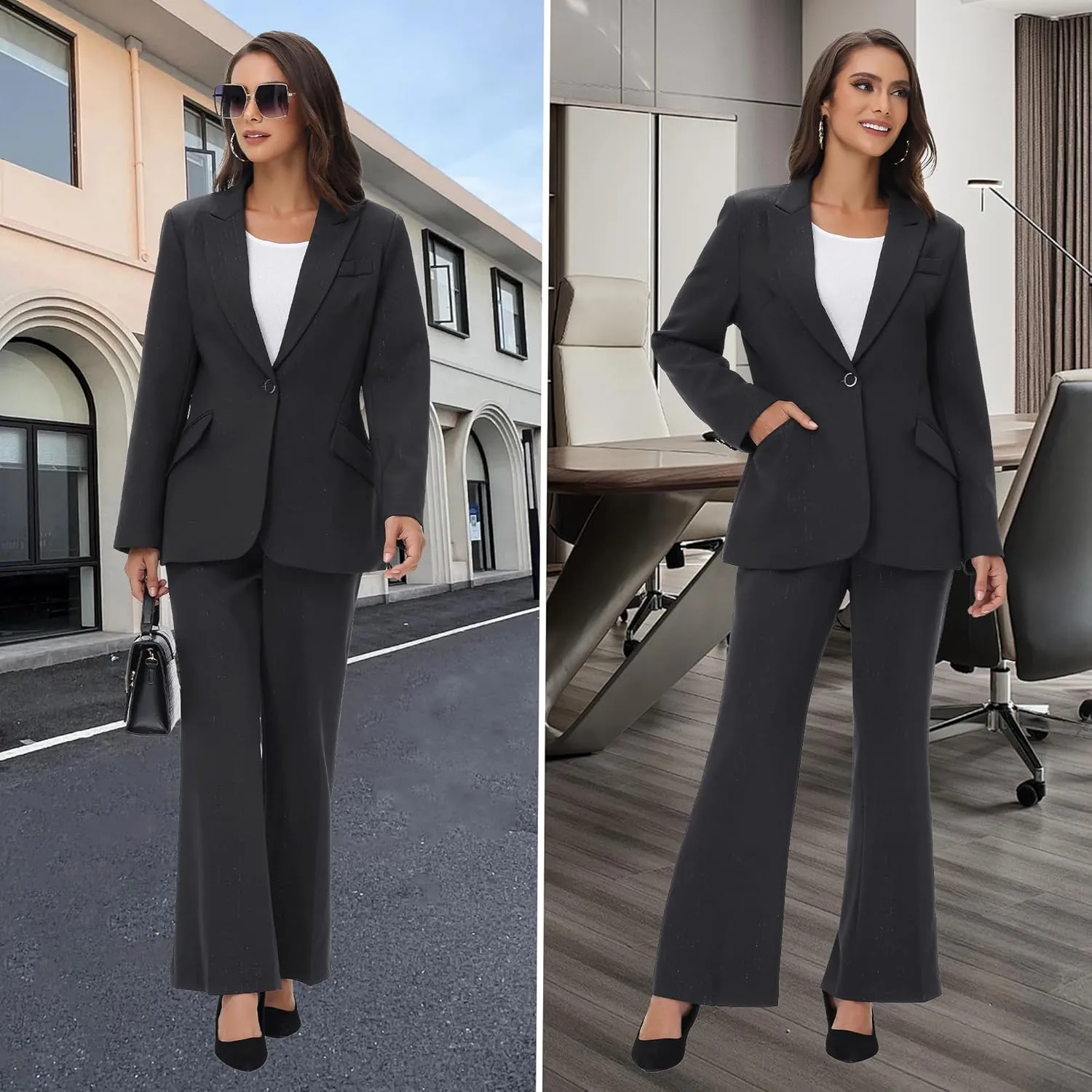TRONSTORE Women's Suit 2 Piece Set Pinstripe Blazer and Bootcut Dressy Pants Set for Work Office Business Outfits