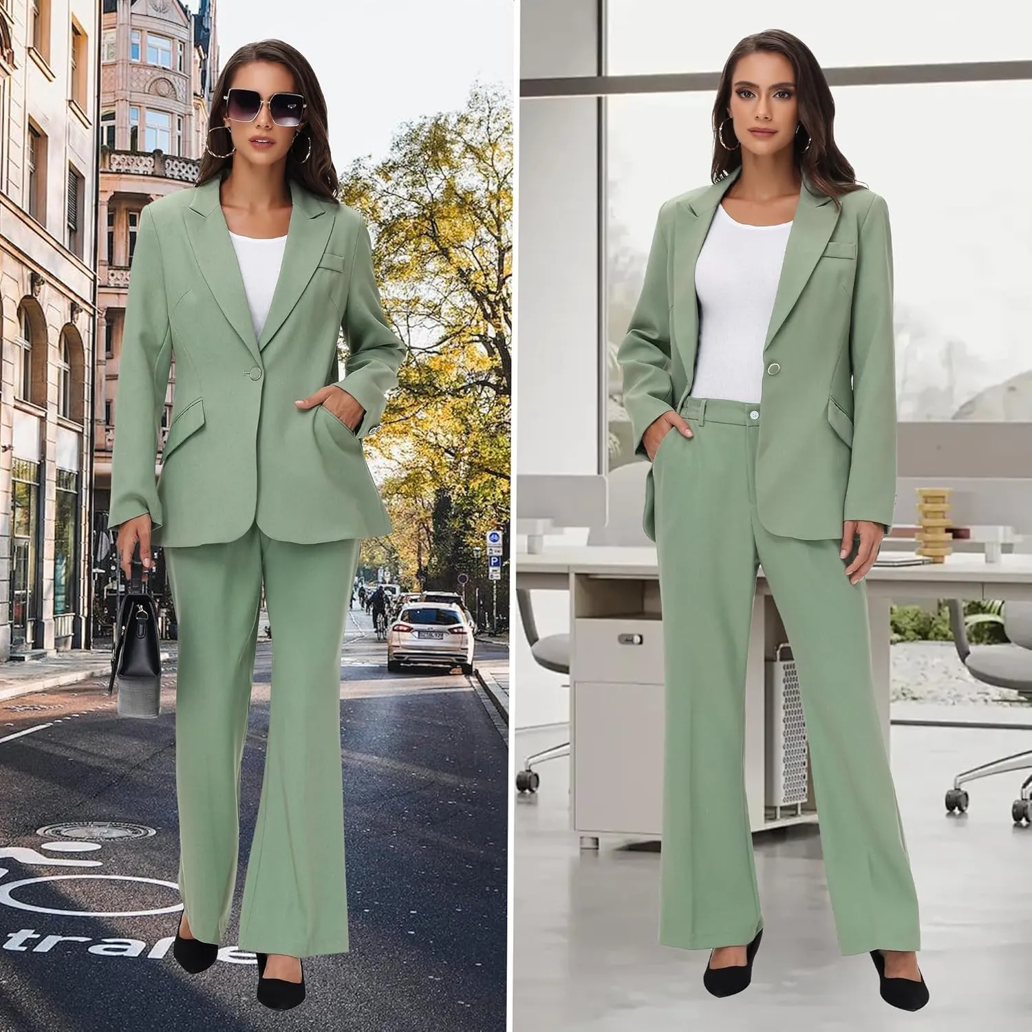 TRONSTORE Women's Suit 2 Piece Set Pinstripe Blazer and Bootcut Dressy Pants Set for Work Office Business Outfits