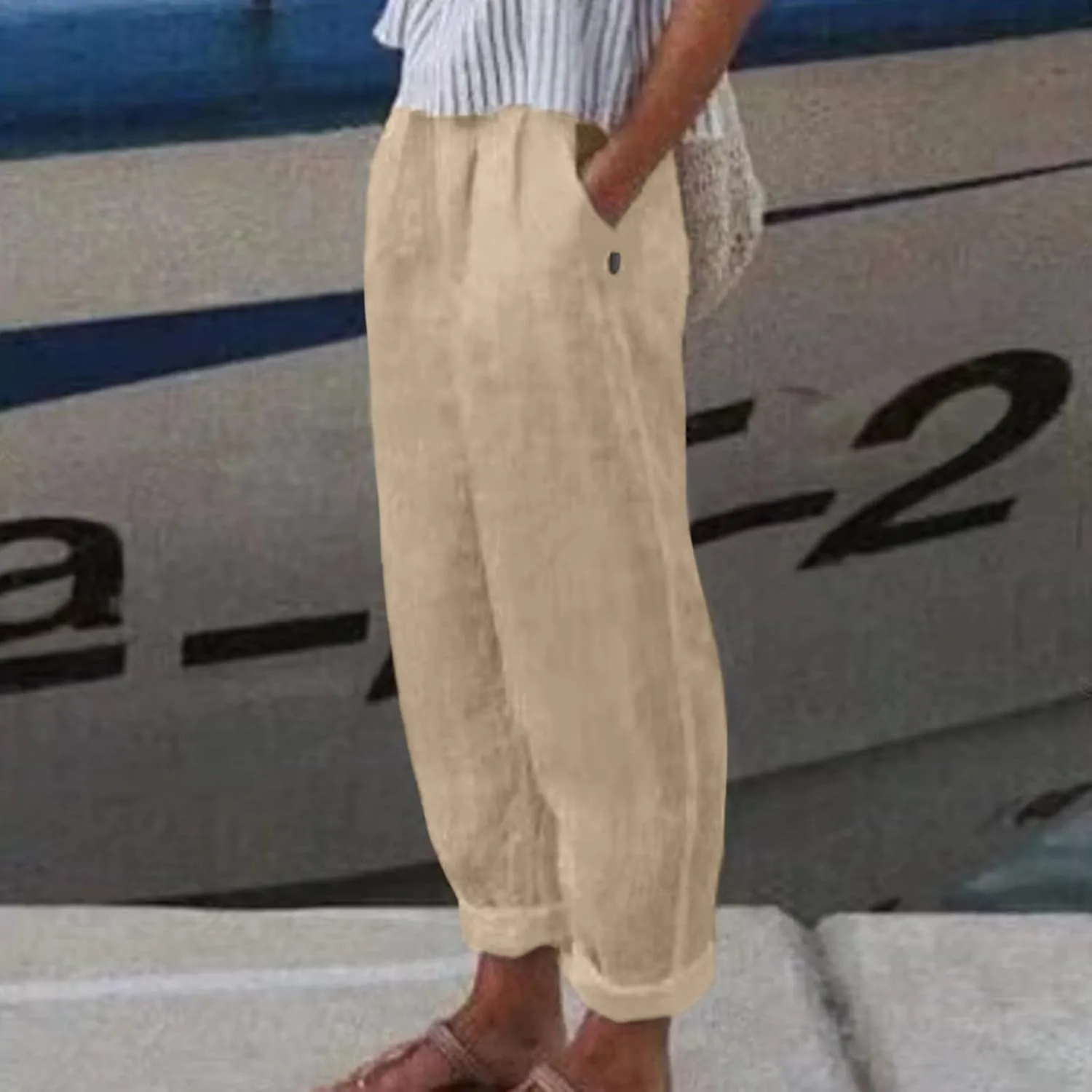 uhnmki Womens Linen Pants with Pockets Loose Elastic High Waisted Comfy Beach Trousers Summer Lightweight Embroidered