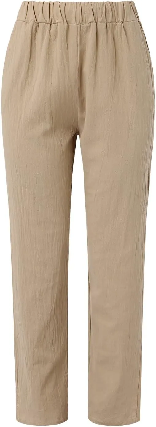uhnmki Womens Linen Pants with Pockets Loose Elastic High Waisted Comfy Beach Trousers Summer Lightweight Embroidered
