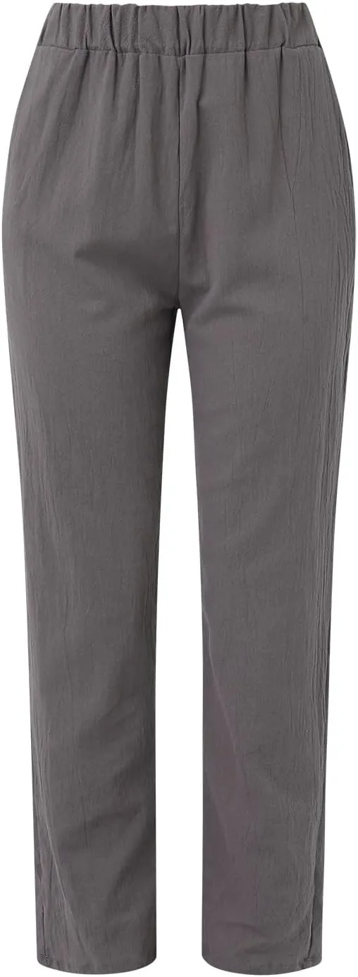 uhnmki Womens Linen Pants with Pockets Loose Elastic High Waisted Comfy Beach Trousers Summer Lightweight Embroidered