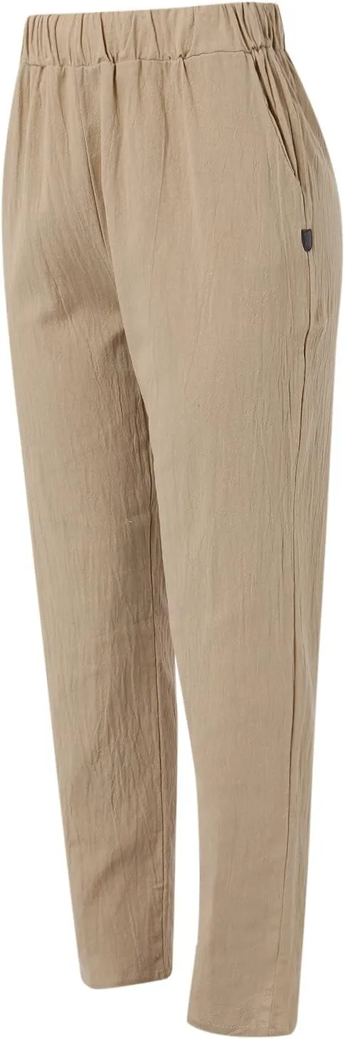 uhnmki Womens Linen Pants with Pockets Loose Elastic High Waisted Comfy Beach Trousers Summer Lightweight Embroidered