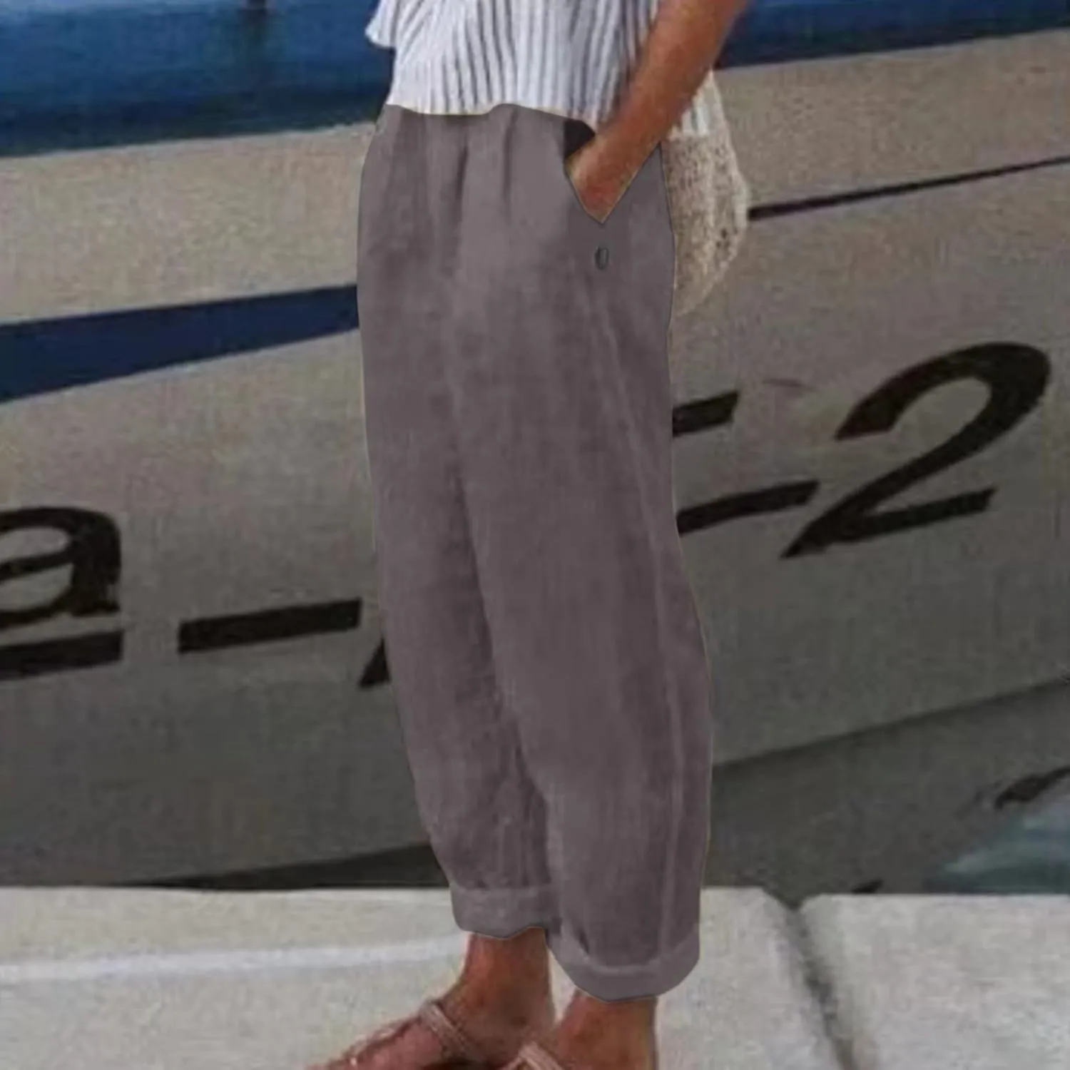 uhnmki Womens Linen Pants with Pockets Loose Elastic High Waisted Comfy Beach Trousers Summer Lightweight Embroidered