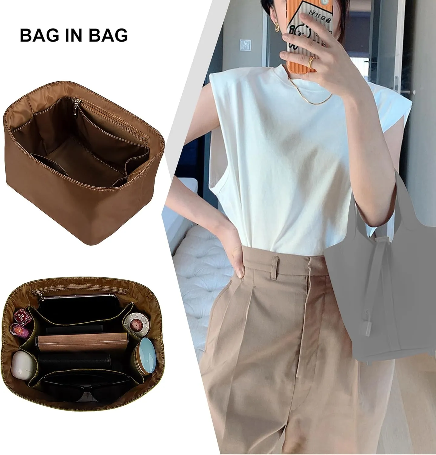 Vercord Handbag Purse Organizer Insert Tote Bag Shaper for Picotin 18/22 with Zipper Pocket Brown Medium