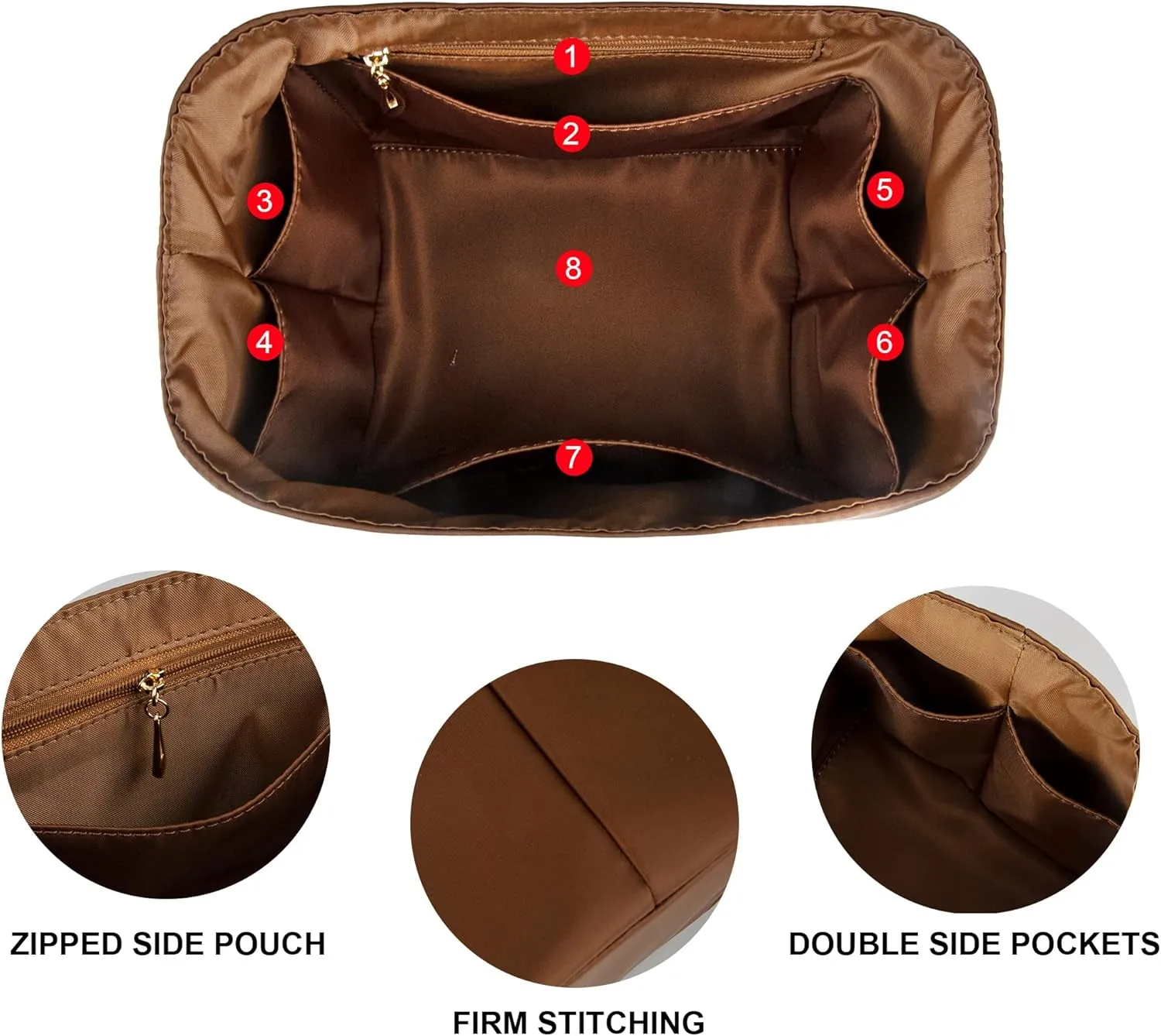 Vercord Handbag Purse Organizer Insert Tote Bag Shaper for Picotin 18/22 with Zipper Pocket Brown Medium