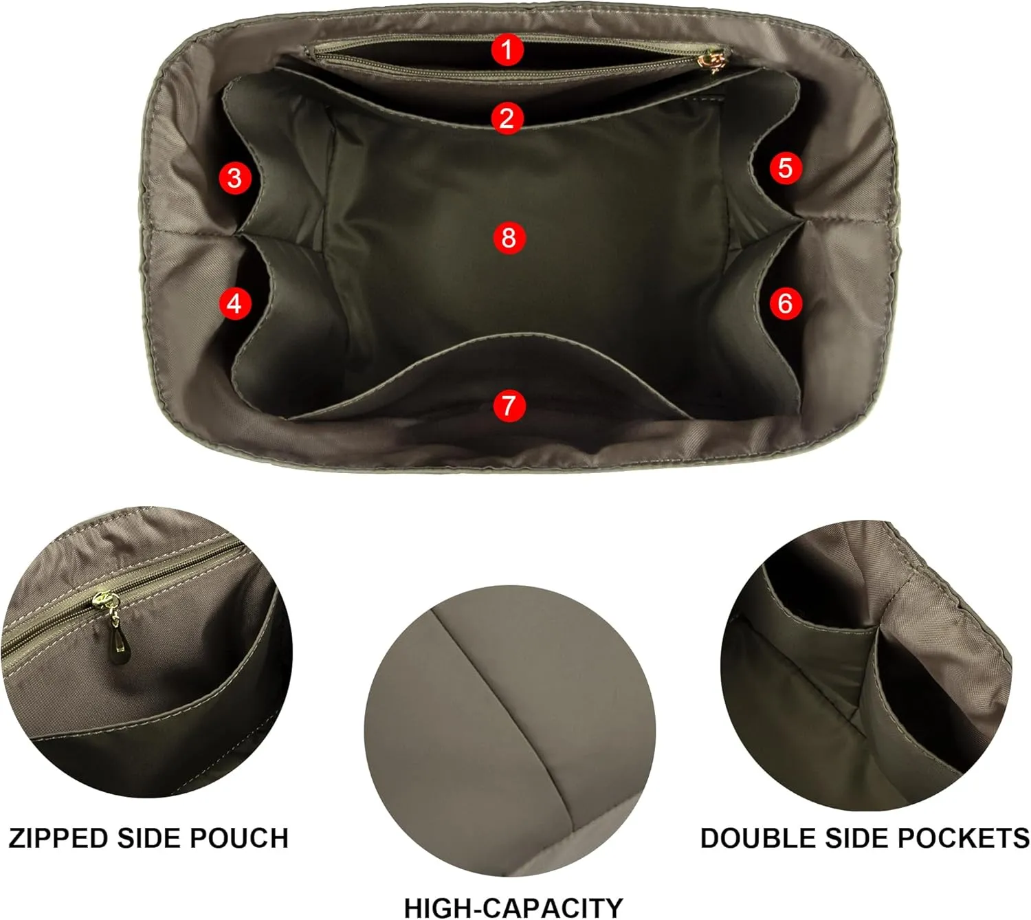 Vercord Handbag Purse Organizer Insert Tote Bag Shaper for Picotin 18/22 with Zipper Pocket Grey Medium