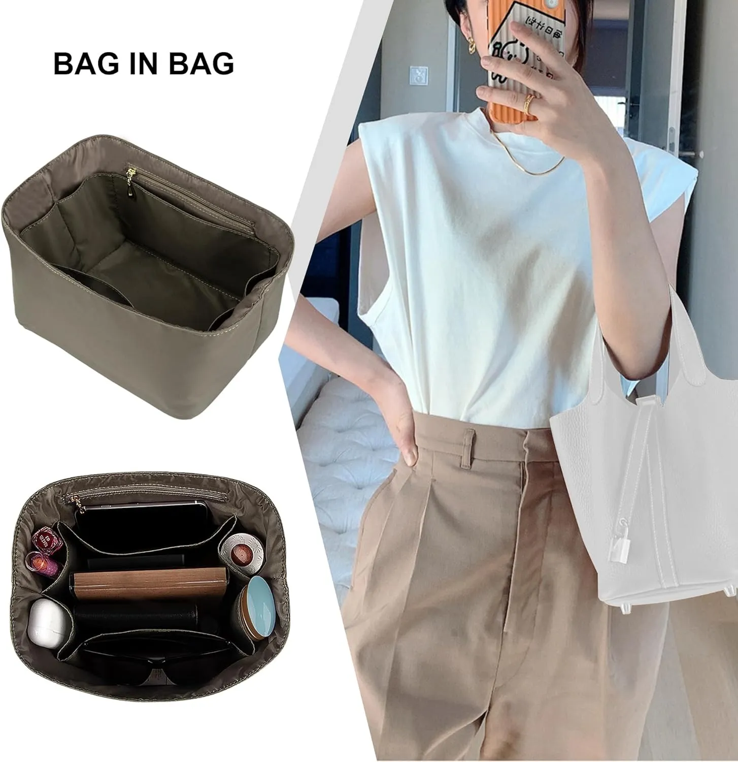 Vercord Handbag Purse Organizer Insert Tote Bag Shaper for Picotin 18/22 with Zipper Pocket Grey Medium