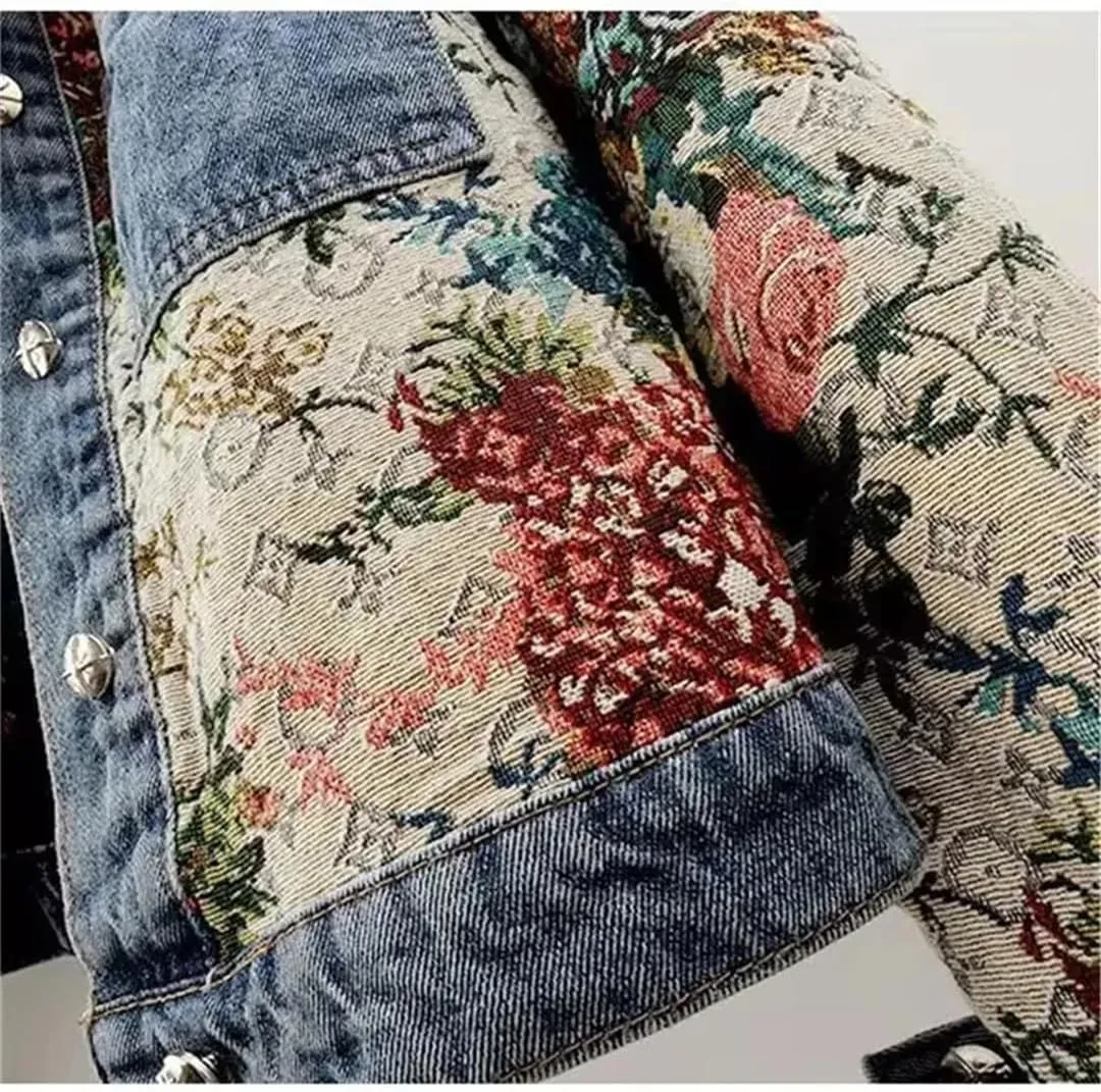 Vsadsau Women's Printed Denim Jacket Loose And Casual Long-Sleeved Patchwork Buttons Lapel Jean Coat