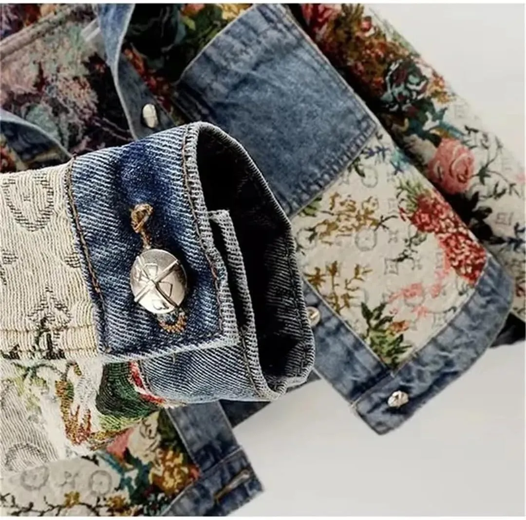 Vsadsau Women's Printed Denim Jacket Loose And Casual Long-Sleeved Patchwork Buttons Lapel Jean Coat
