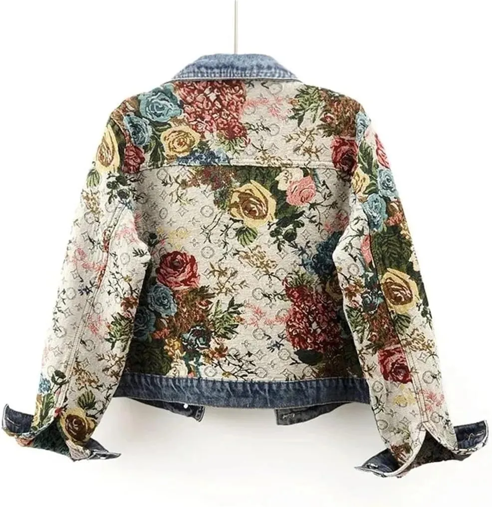 Vsadsau Women's Printed Denim Jacket Loose And Casual Long-Sleeved Patchwork Buttons Lapel Jean Coat