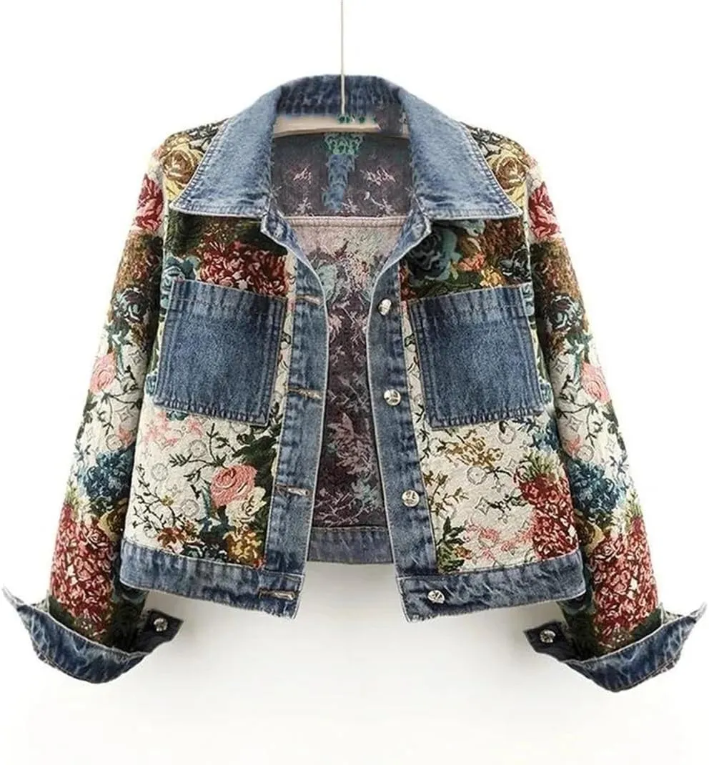 Vsadsau Women's Printed Denim Jacket Loose And Casual Long-Sleeved Patchwork Buttons Lapel Jean Coat