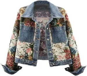 Vsadsau Women's Printed Denim Jacket Loose And Casual Long-Sleeved Patchwork Buttons Lapel Jean Coat