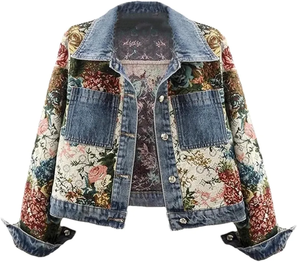Vsadsau Women's Printed Denim Jacket Loose And Casual Long-Sleeved Patchwork Buttons Lapel Jean Coat