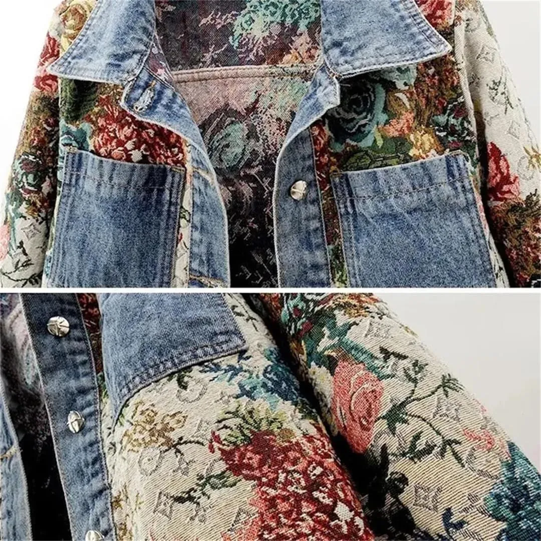 Vsadsau Women's Printed Denim Jacket Loose And Casual Long-Sleeved Patchwork Buttons Lapel Jean Coat