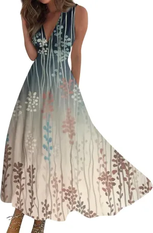 Wedding Guest Dresses for Women Wrap V Neck Sleeveless Marble Floral Printed Maxi Dress Flowy Swing Party Sundress