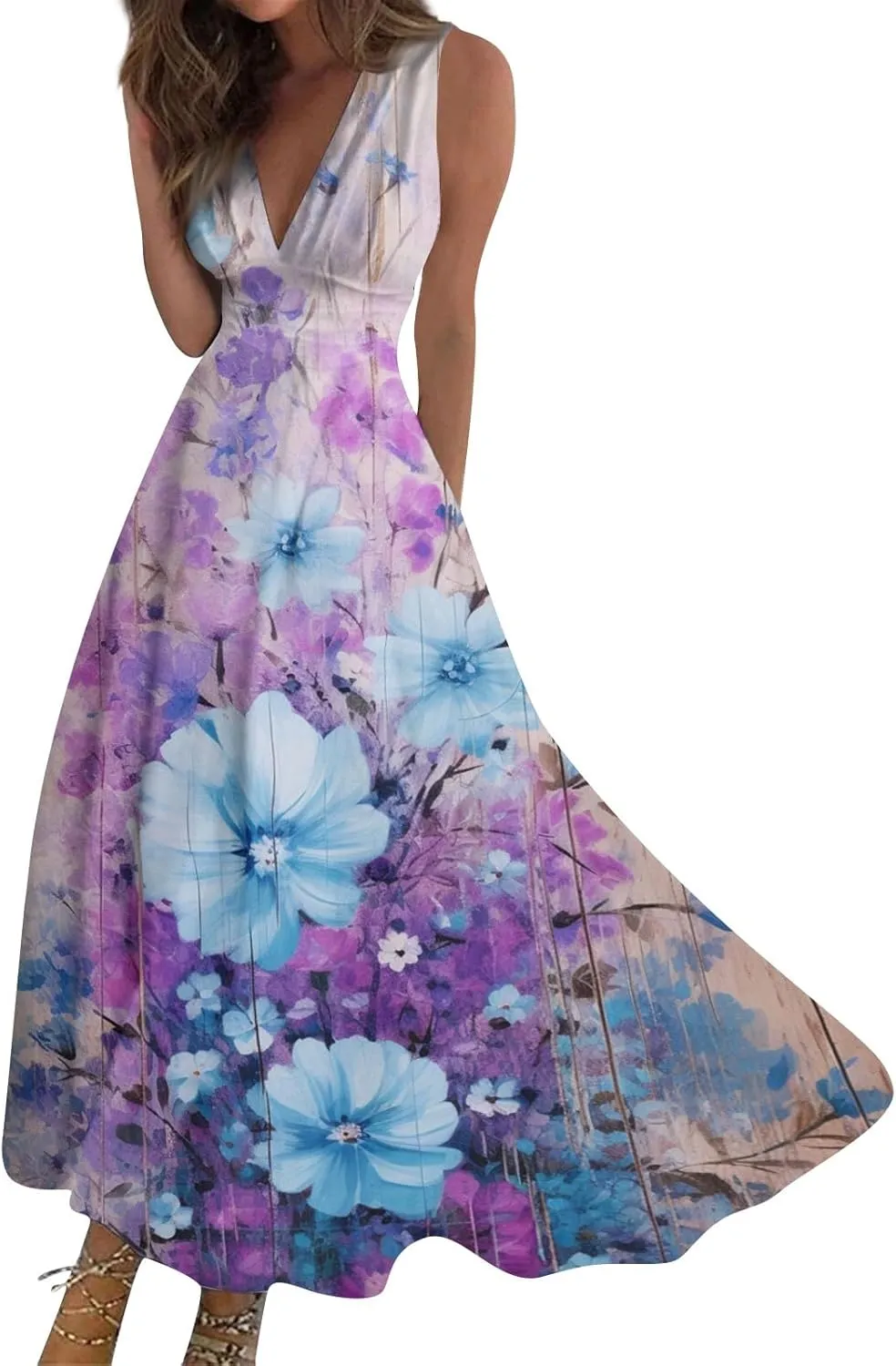 Wedding Guest Dresses for Women Wrap V Neck Sleeveless Marble Floral Printed Maxi Dress Flowy Swing Party Sundress