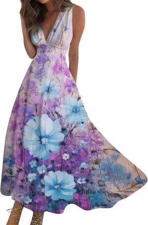 Wedding Guest Dresses for Women Wrap V Neck Sleeveless Marble Floral Printed Maxi Dress Flowy Swing Party Sundress
