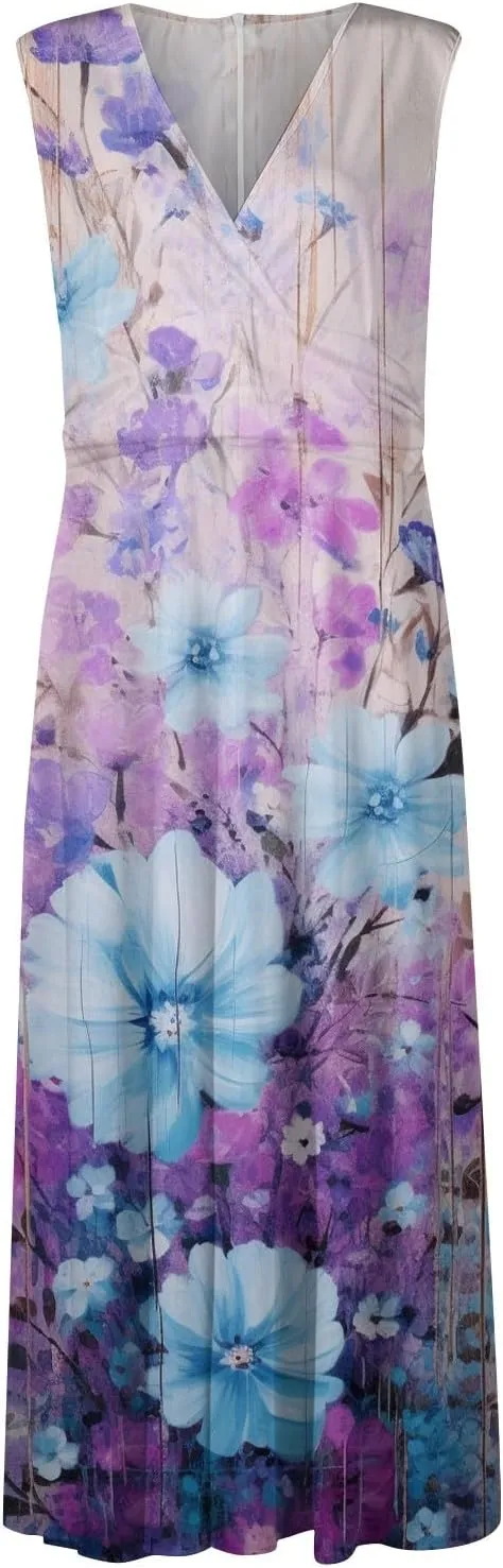 Wedding Guest Dresses for Women Wrap V Neck Sleeveless Marble Floral Printed Maxi Dress Flowy Swing Party Sundress