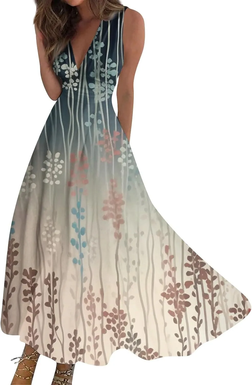 Wedding Guest Dresses for Women Wrap V Neck Sleeveless Marble Floral Printed Maxi Dress Flowy Swing Party Sundress