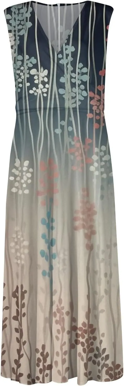 Wedding Guest Dresses for Women Wrap V Neck Sleeveless Marble Floral Printed Maxi Dress Flowy Swing Party Sundress