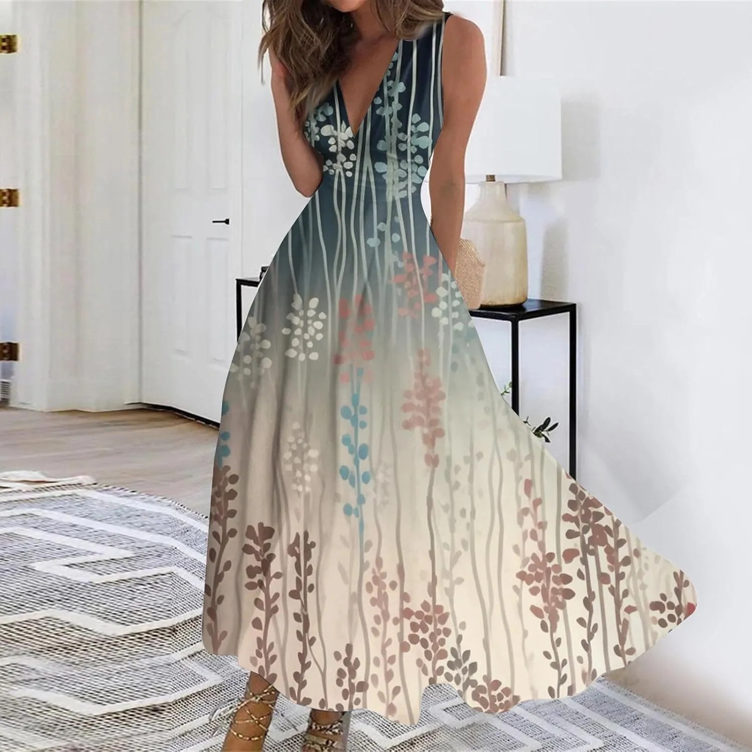 Wedding Guest Dresses for Women Wrap V Neck Sleeveless Marble Floral Printed Maxi Dress Flowy Swing Party Sundress