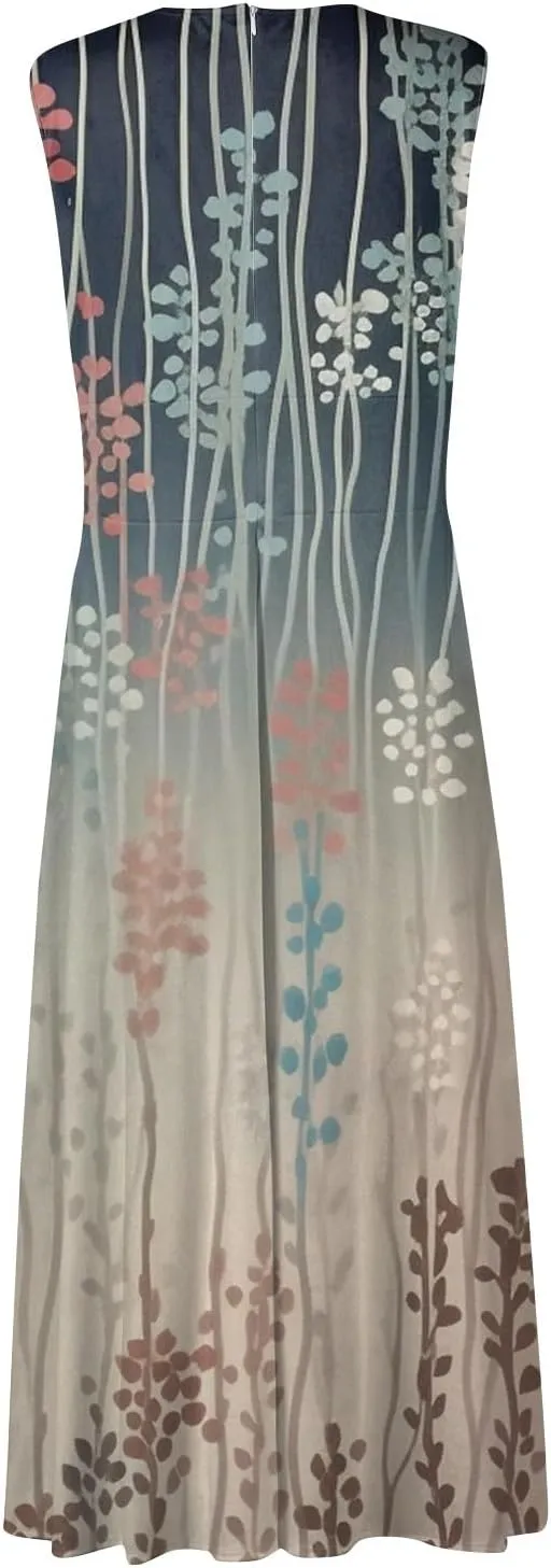 Wedding Guest Dresses for Women Wrap V Neck Sleeveless Marble Floral Printed Maxi Dress Flowy Swing Party Sundress
