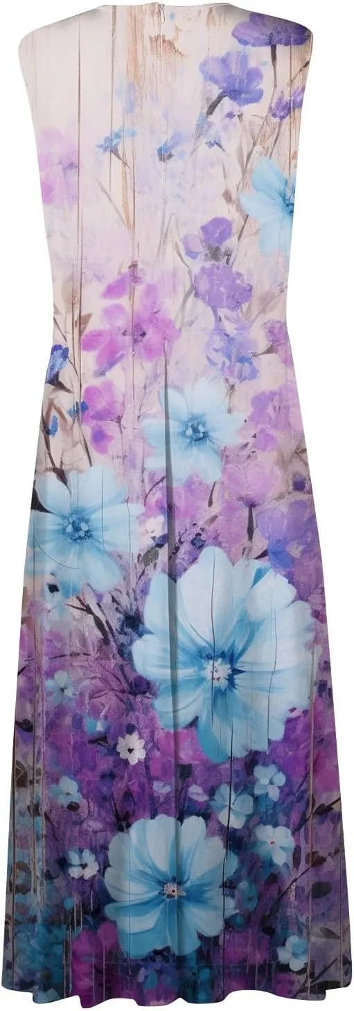 Wedding Guest Dresses for Women Wrap V Neck Sleeveless Marble Floral Printed Maxi Dress Flowy Swing Party Sundress
