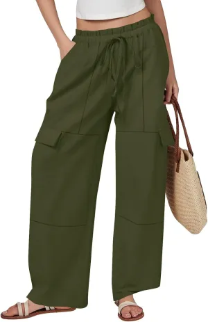 Wide Leg Cargo Pants for Women Casual Summer Elastic Waist Linen Pants Beach Trousers with Pockets Vacation Outfits
