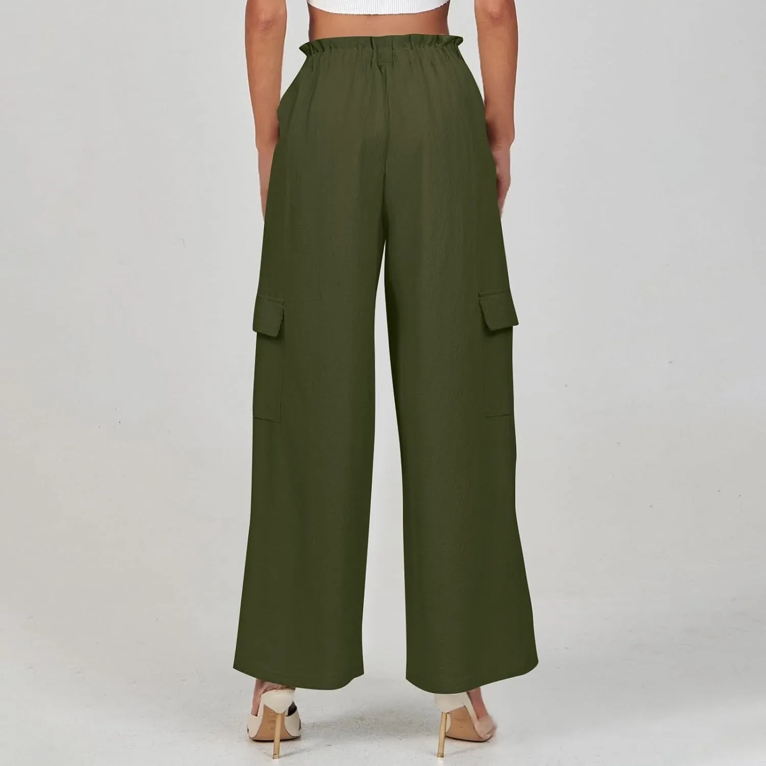 Wide Leg Cargo Pants for Women Casual Summer Elastic Waist Linen Pants Beach Trousers with Pockets Vacation Outfits