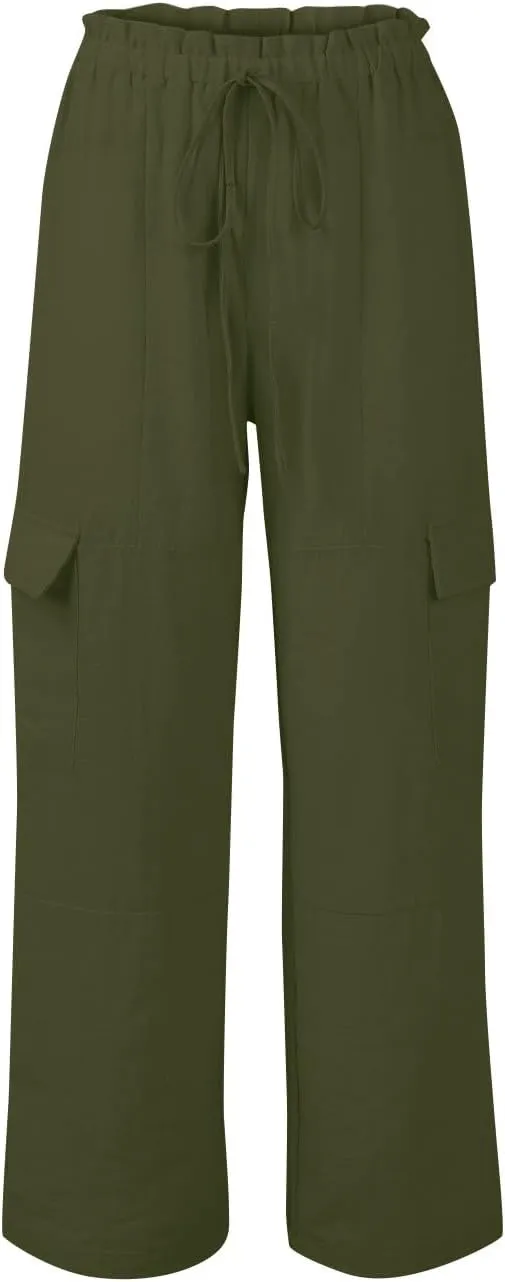 Wide Leg Cargo Pants for Women Casual Summer Elastic Waist Linen Pants Beach Trousers with Pockets Vacation Outfits