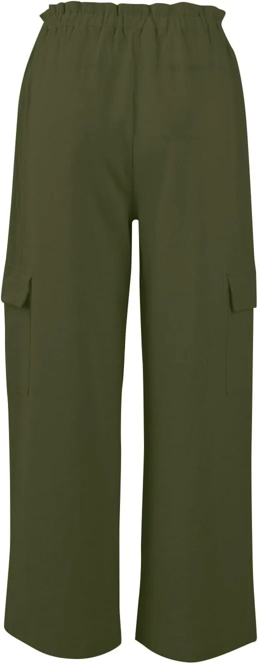Wide Leg Cargo Pants for Women Casual Summer Elastic Waist Linen Pants Beach Trousers with Pockets Vacation Outfits