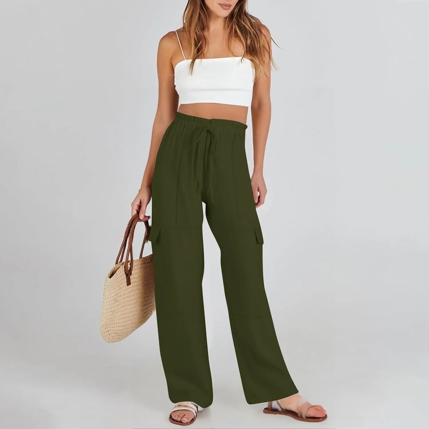 Wide Leg Cargo Pants for Women Casual Summer Elastic Waist Linen Pants Beach Trousers with Pockets Vacation Outfits
