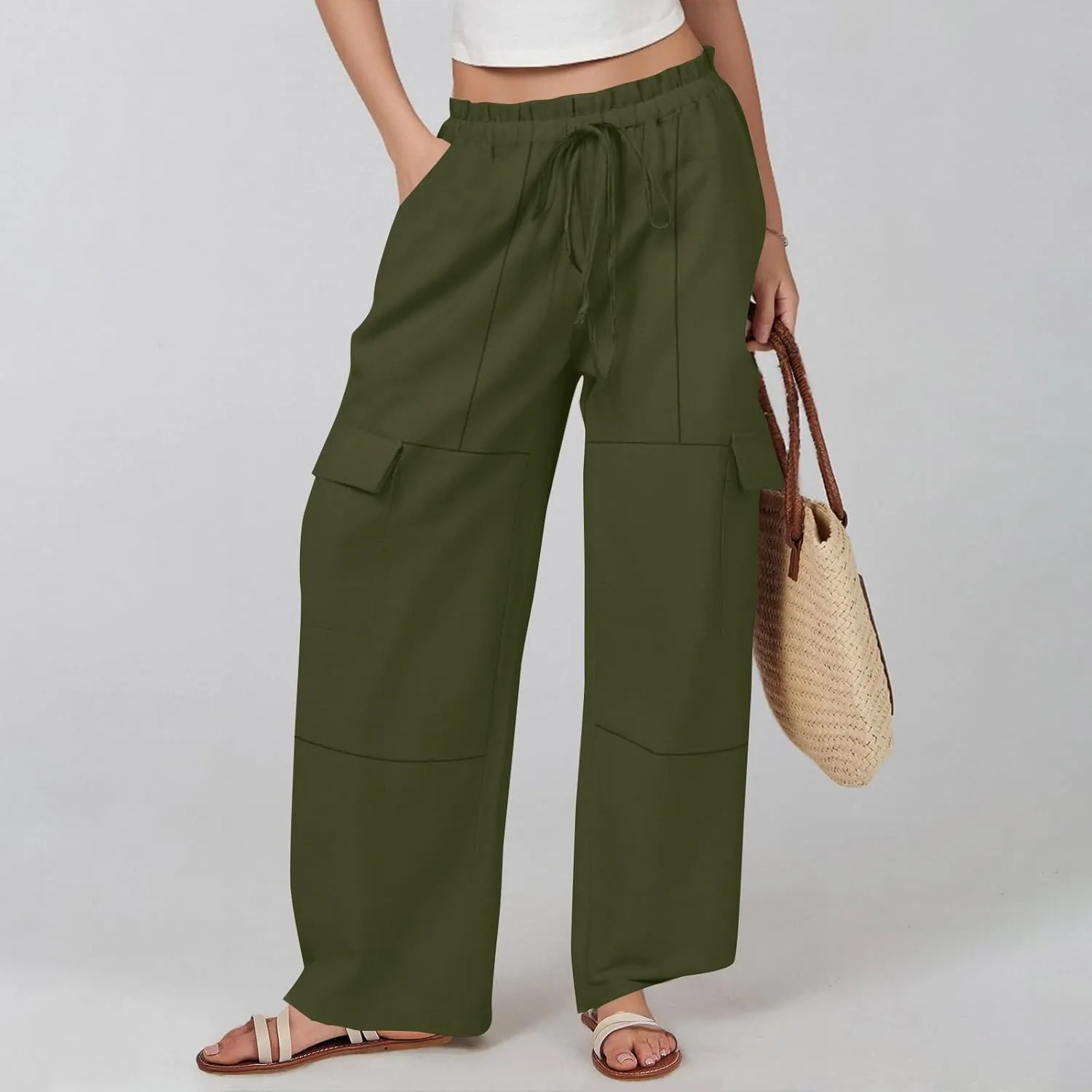Wide Leg Cargo Pants for Women Casual Summer Elastic Waist Linen Pants Beach Trousers with Pockets Vacation Outfits