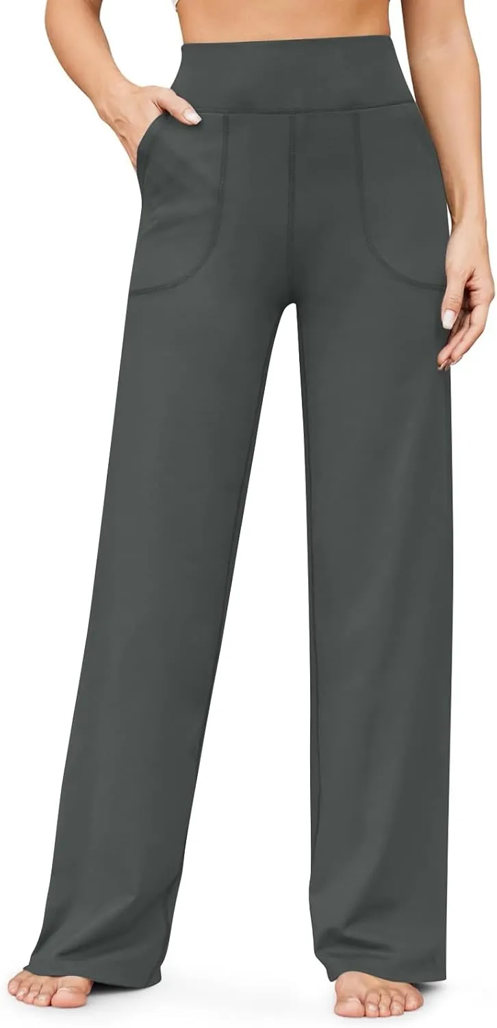 Wide Leg Yoga Pants for Women High Waist Bootcut Straight Leg Yoga Pants with Pockets Butt Lifting Yoga Flare Leggings