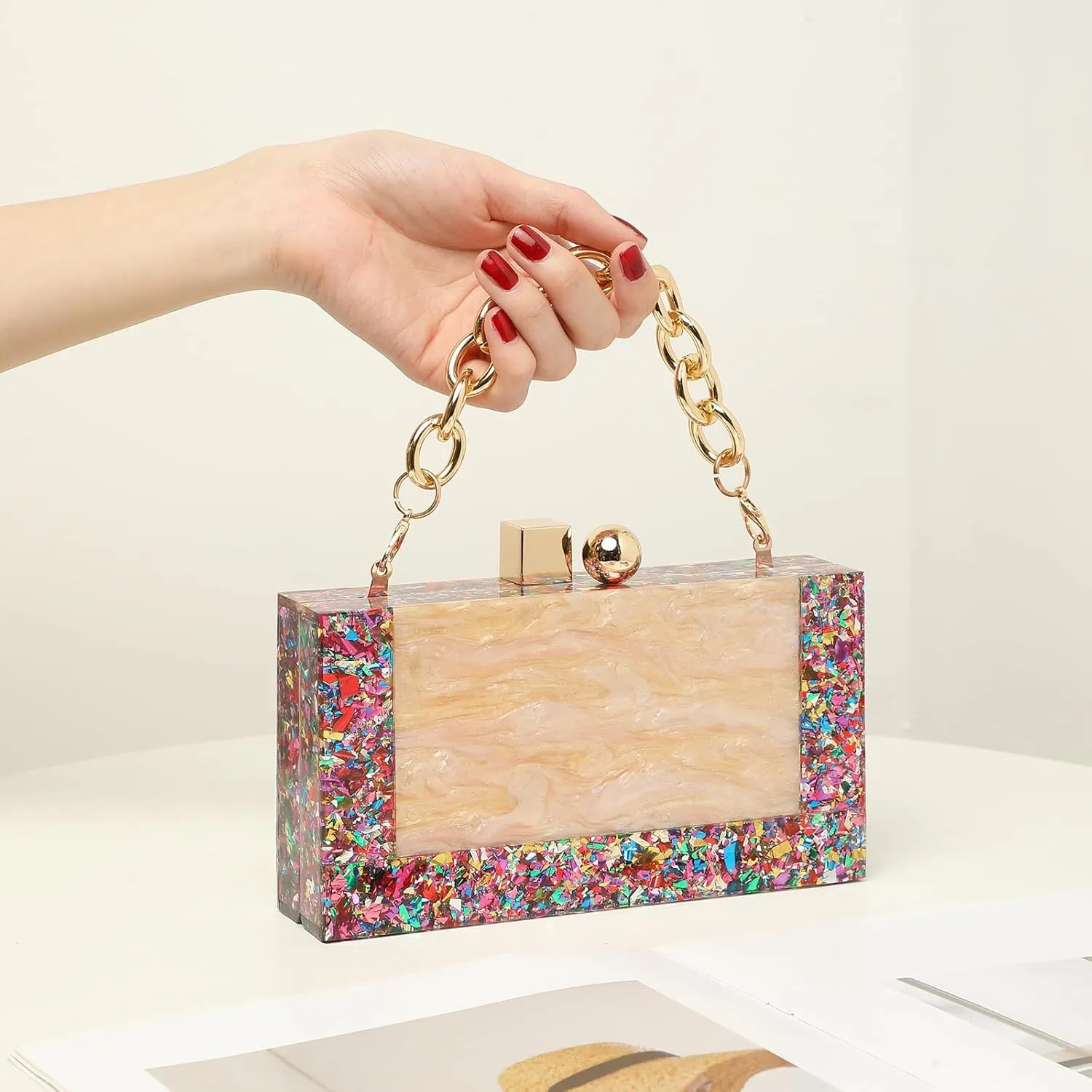 Women Acrylic Clutch Purse Formal Wedding Evening Marble Handbag Shoulder Crossbody Bag with Detachable Chain