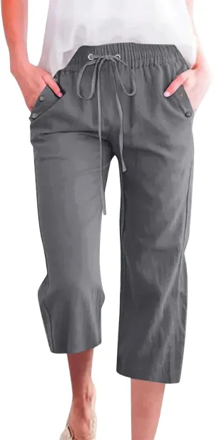Women Capri Pants Elastic High Waisted Cotton Linen Capris Casual Summer Loose Wide Leg Cropped Trouser with Pockets