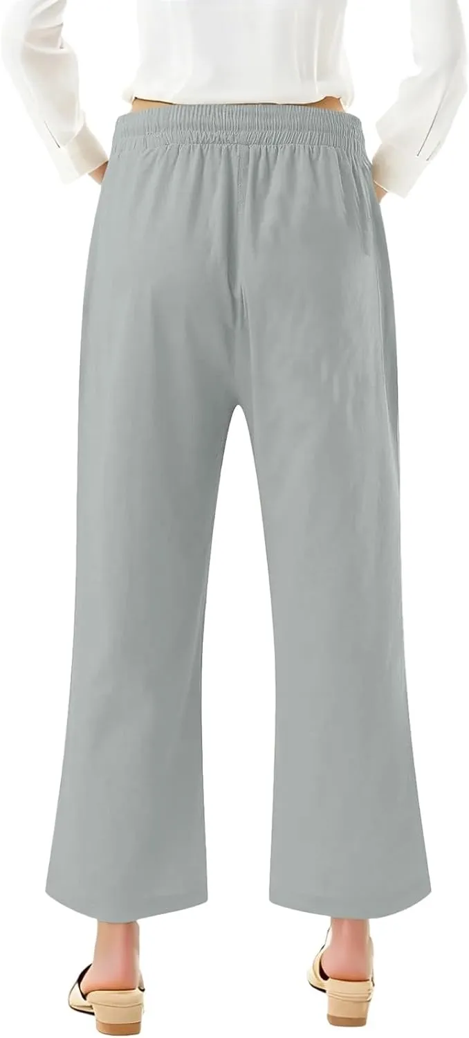 Women Capri Pants Elastic High Waisted Cotton Linen Capris Casual Summer Loose Wide Leg Cropped Trouser with Pockets
